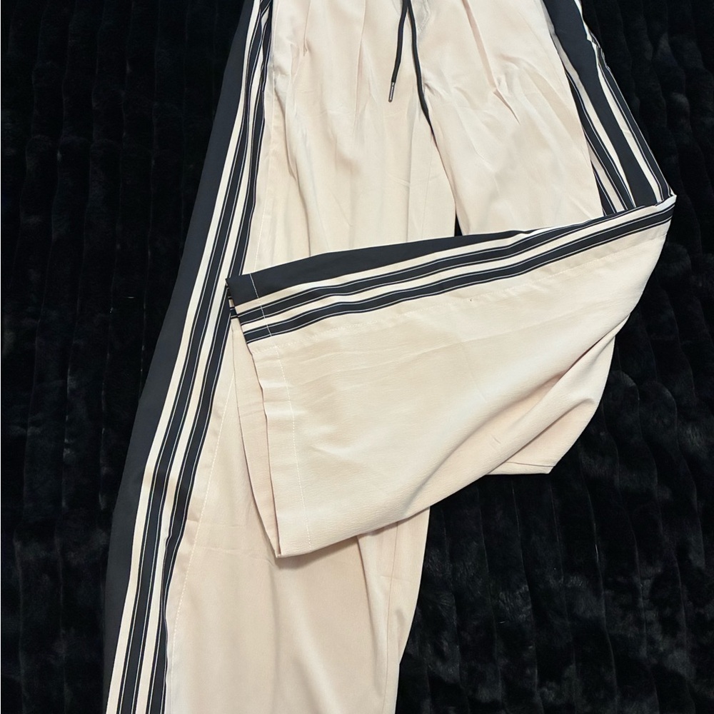 Wide Leg Cream Pants with Black Stripes